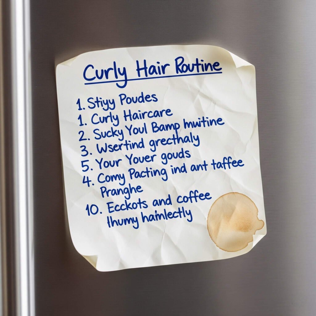 Crumpled sticky note with curly hair routine and coffee stain.