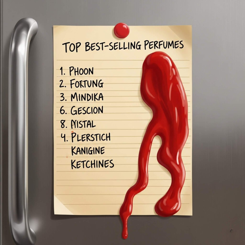 Handwritten perfume list with ketchup smudge on a fridge.