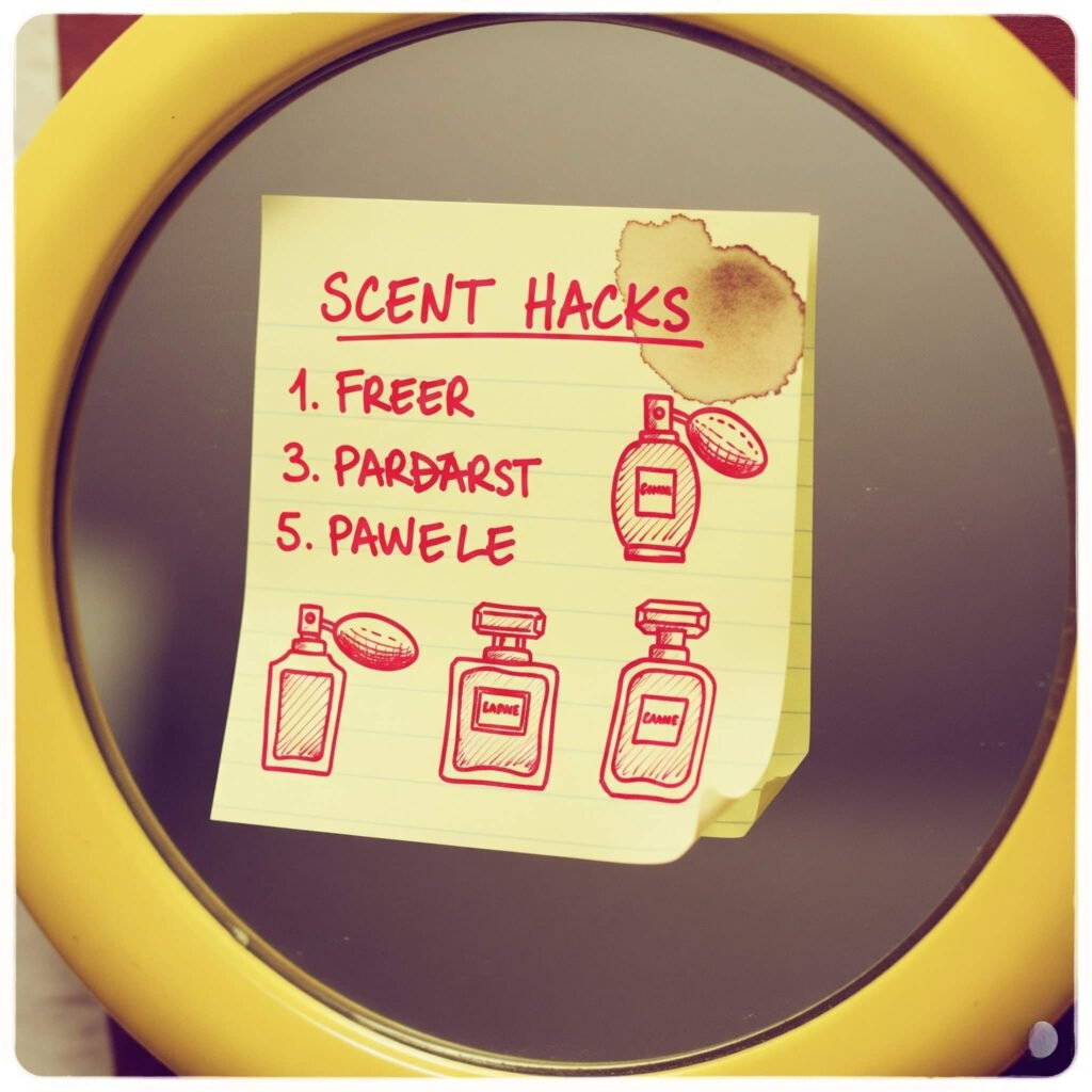 Sticky note with "Scent Hacks" and coffee stain.
