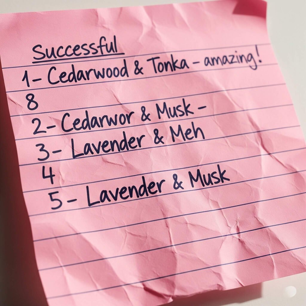 Sticky note with handwritten fragrance layering combos.