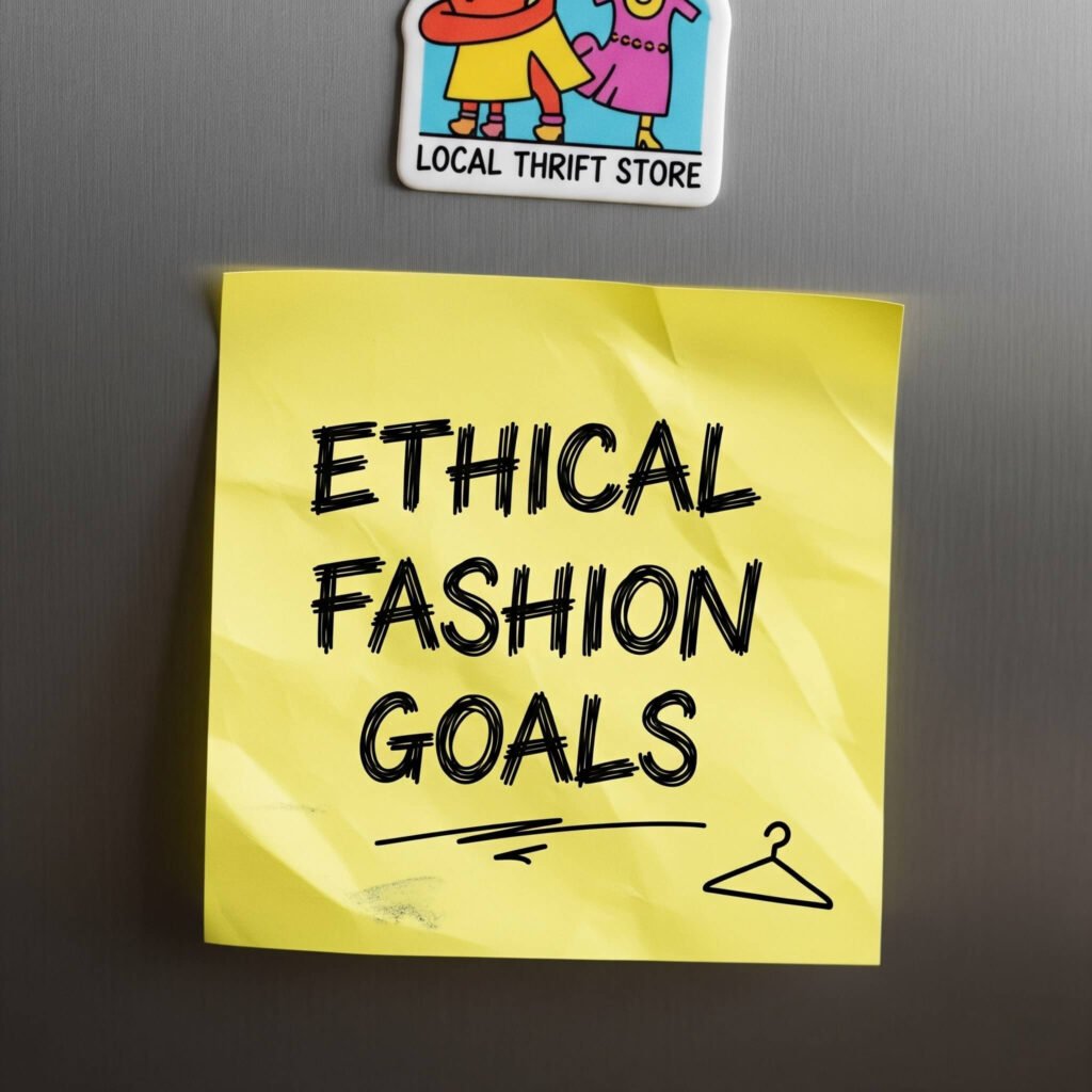 Crumpled sticky note with "ethical fashion goals" on fridge.