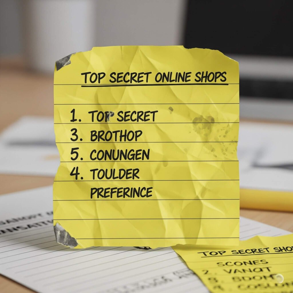 Shaky, smudged sticky note with secret online shop list.