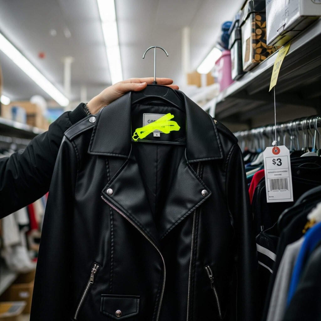 Thrift store faux-leather jacket find.