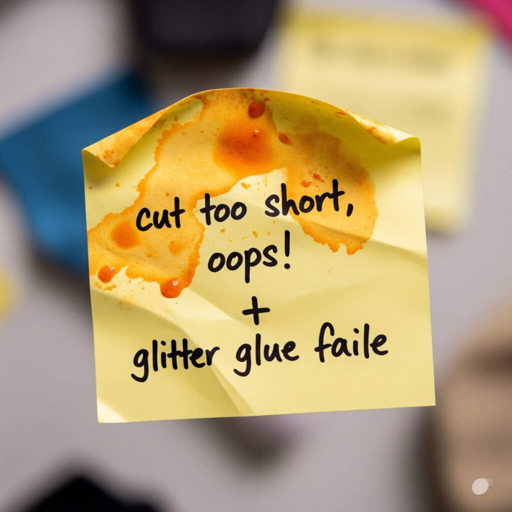 Crumpled sticky note: "cut too short, oops!" and "glitter glue fail."