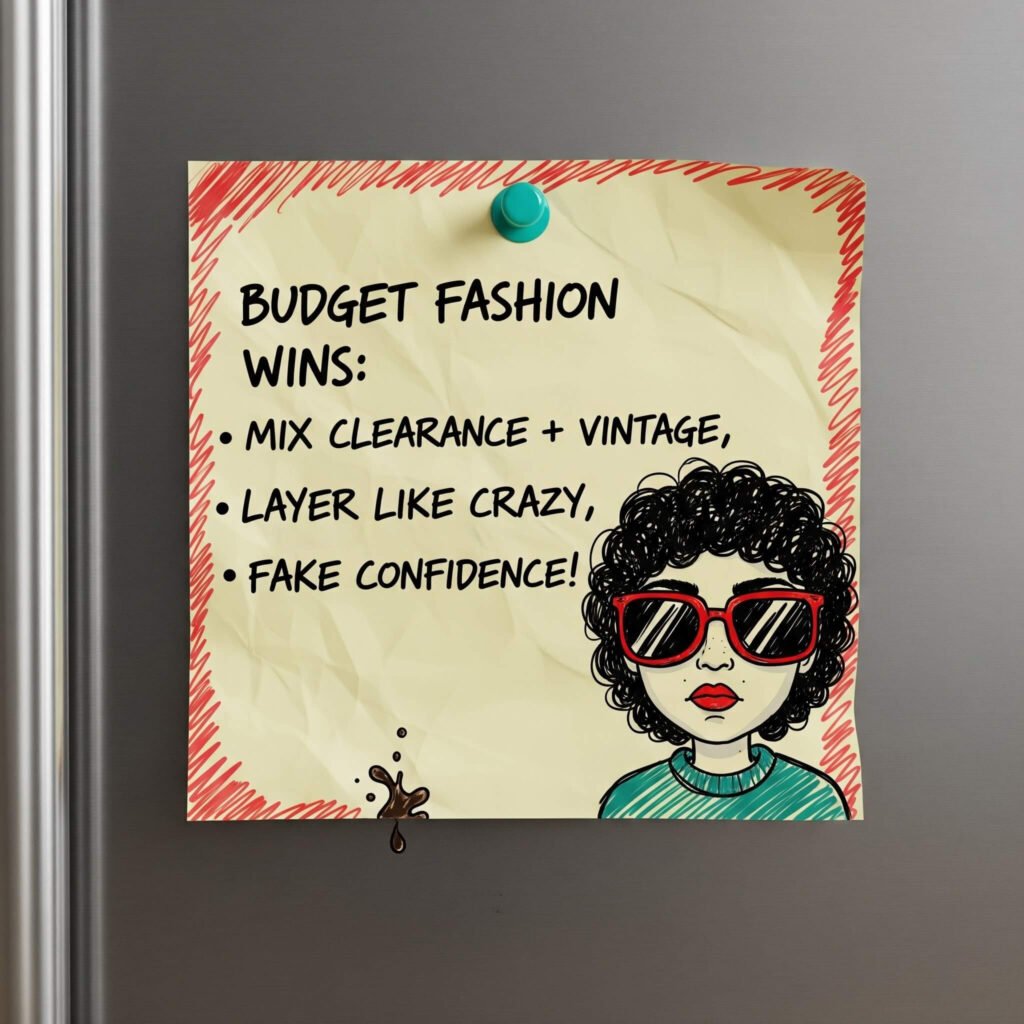 Hand-drawn sticky note with budget fashion tips.