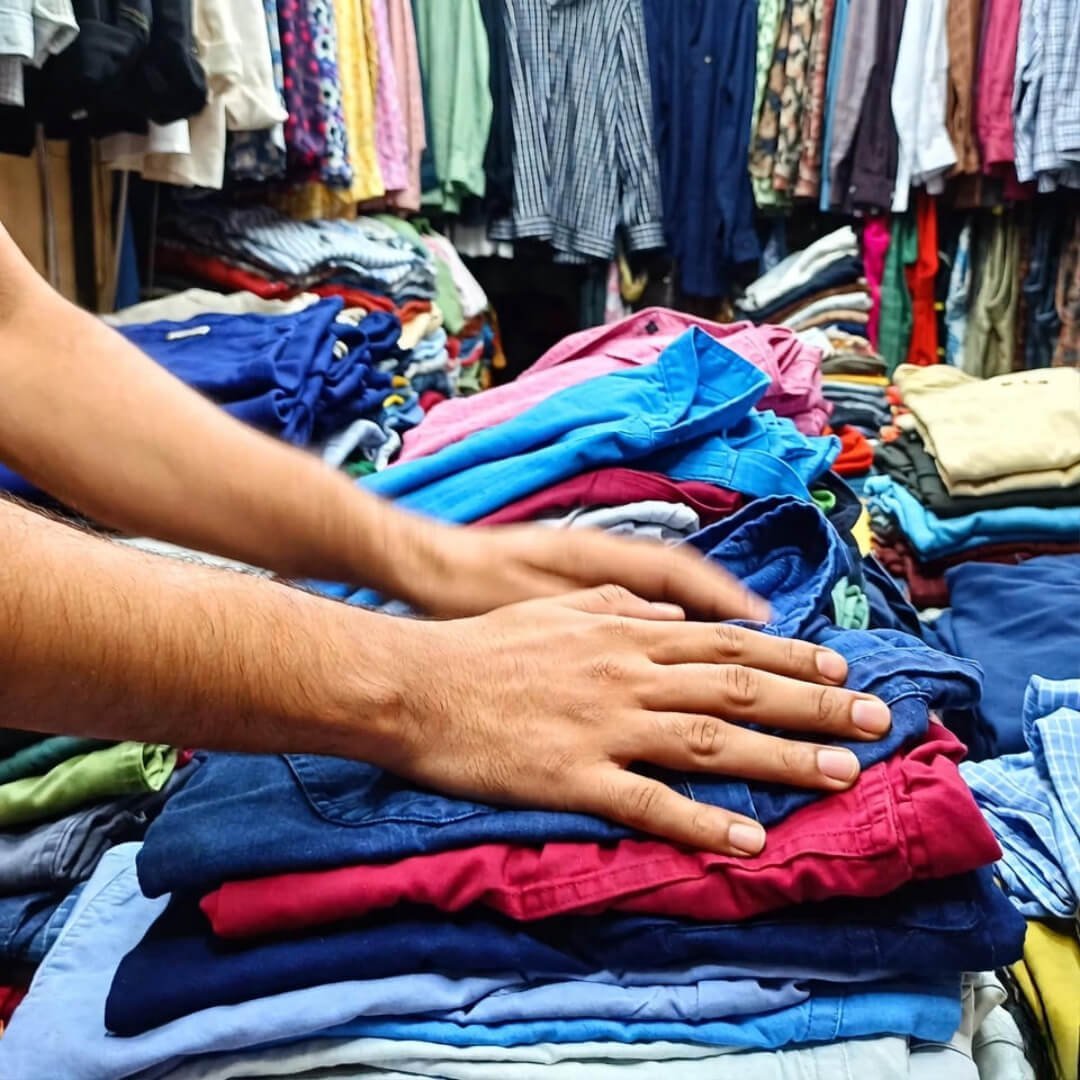 Budget-Friendly Men’s Style: Look Sharp for Less Hands digging through colorful shirts at Chor Bazaar
