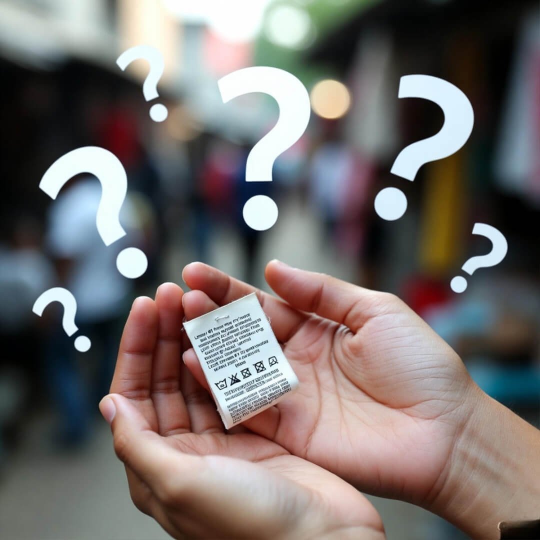 How to Build a Green Wardrobe in 2025? Hands checking clothing tag in chaotic market, question marks floating.