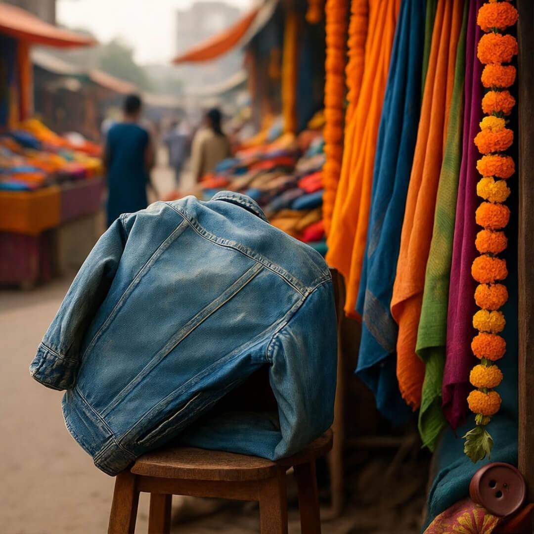 Why Ethical Shopping is the Future of Fashion Blurry market stall with fabrics, jacket, marigolds.