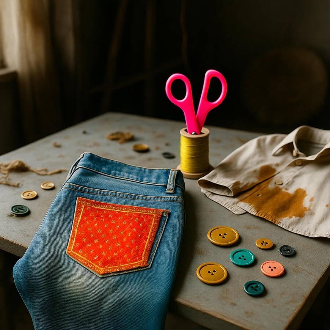 DIY Fashion Hacks: Transform Old Clothes into New Messy Mumbai table with patched jeans, chai stain.