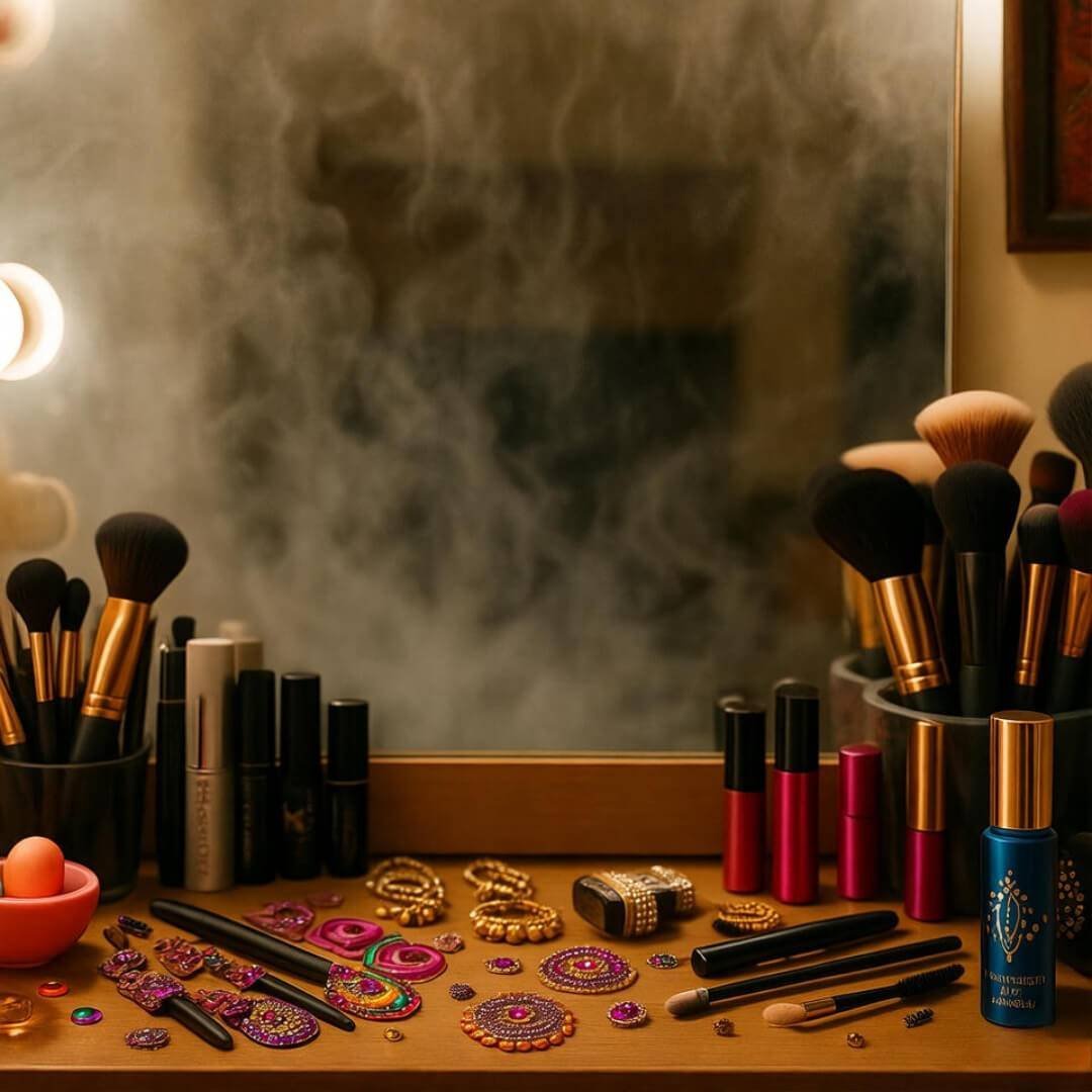 My First Fumble with 5-Minute DIY Looks in the Heat Steamy Delhi vanity with scattered beauty tools