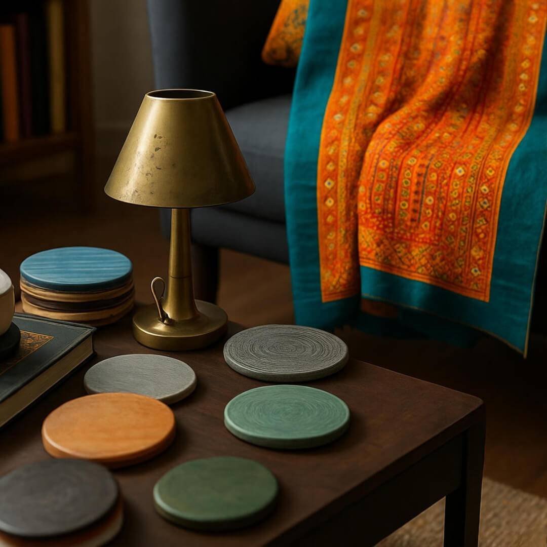 How to Create a Designer Look at Home? Messy living room corner with cluttered coffee table, colorful textile.