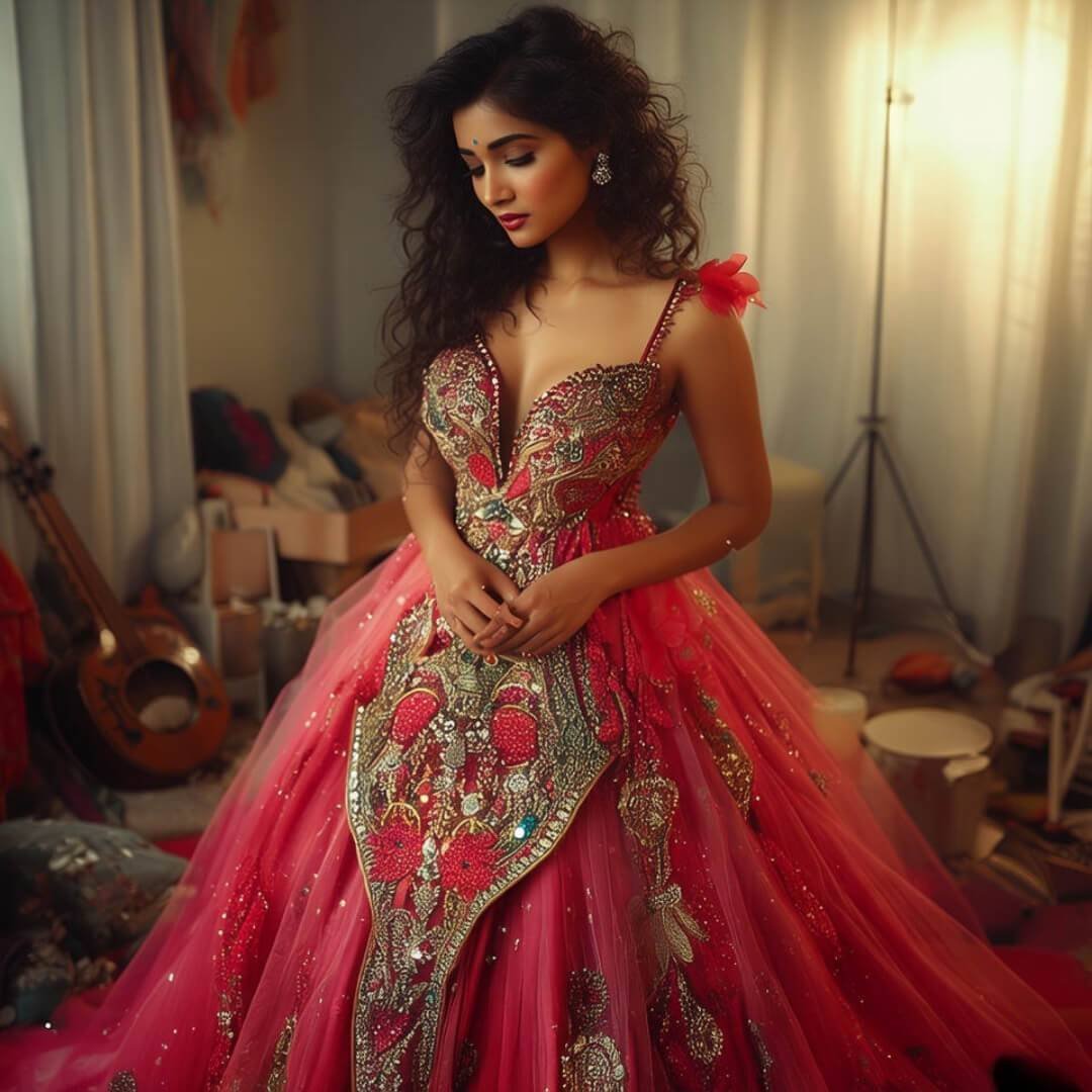 Iconic Red Carpet Looks (and How to Copy Them) Glamorous gown in chaotic Indian apartment scene.