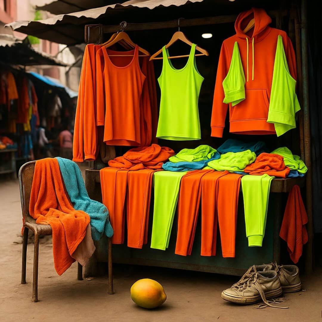 From Gym to Street: Athleisure That Actually Works Blurry Indian market stall with colorful athleisure, mango foreground.