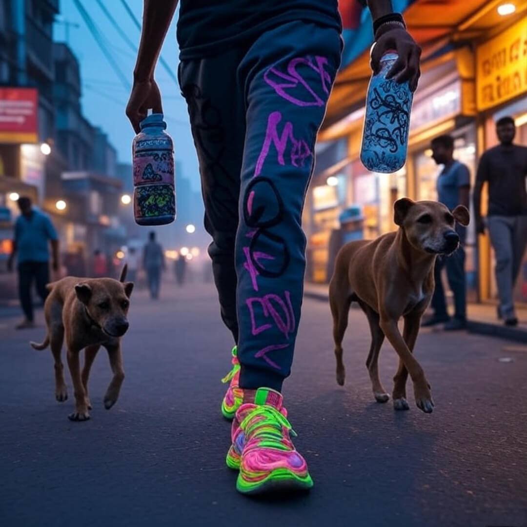 Street Style + Fitness: The Perfect 2025 Combo Jogger in neon sneakers, stray dog, glowing gym sign.