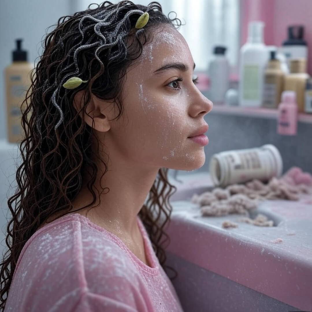 Curly Haircare Routine That Really Works Curly hair with coconut oil, messy shelf, steamy mirror.