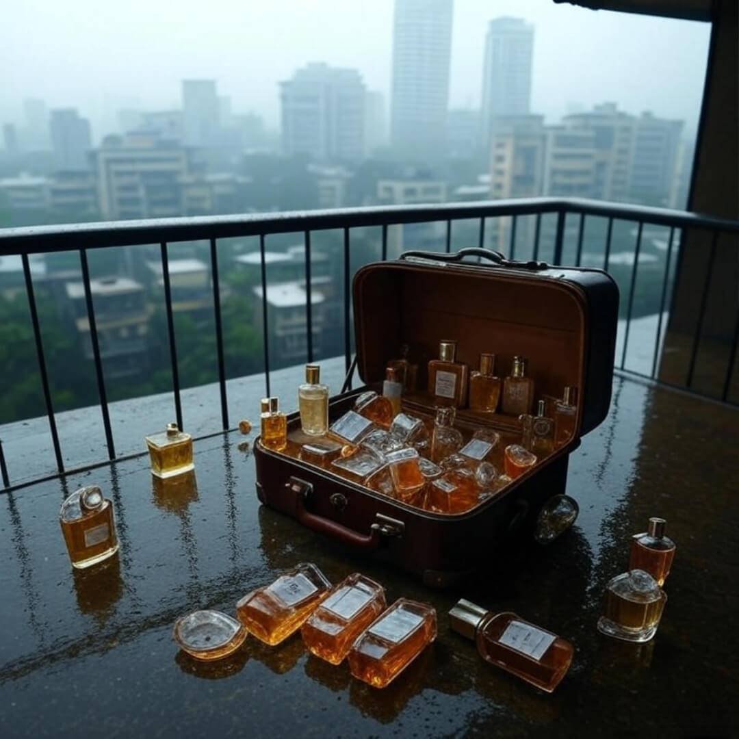 10 Best-Selling Perfumes That Smell Like Luxury Monsoon suitcase spills luxury perfumes, hazy Mumbai.