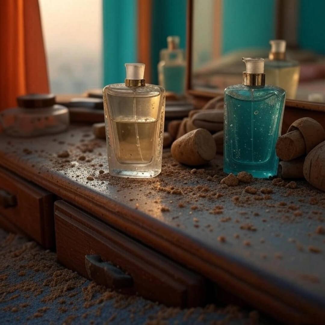 How to Make Your Fragrance Last All Day? My Kinda Disastrous Journey in India Blurred perfume bottle on cluttered Delhi dresser, sunrise.