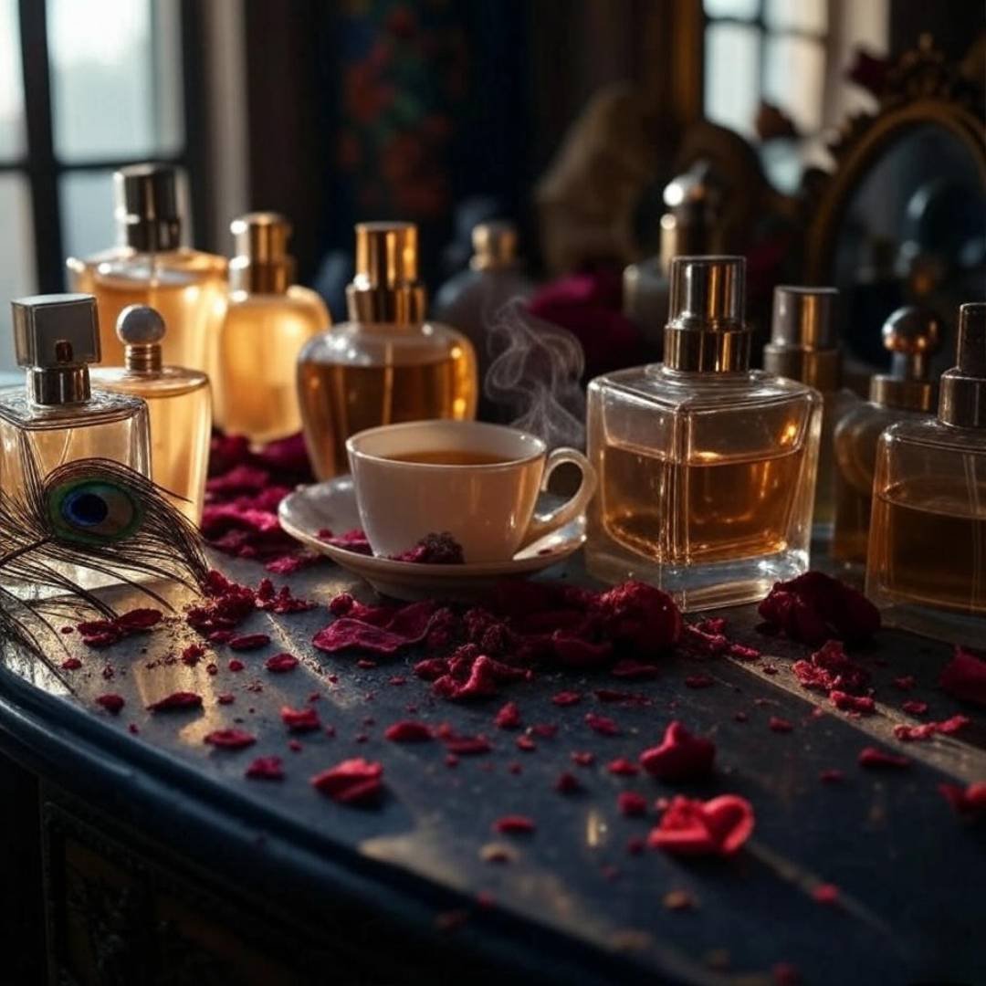Fragrance Layering: My 2025 Guide to Smelling Like a Dream Cluttered vanity with perfumes, chai, peacock feather.