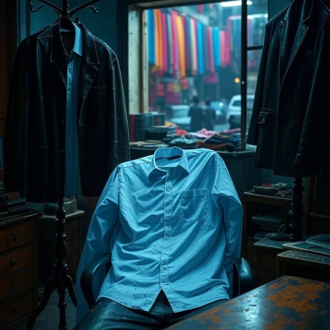 From Work to Weekend: Stylish Men’s Wardrobe Hacks Chaotic Mumbai desk with shirt, scarves, jacket, sneaker.