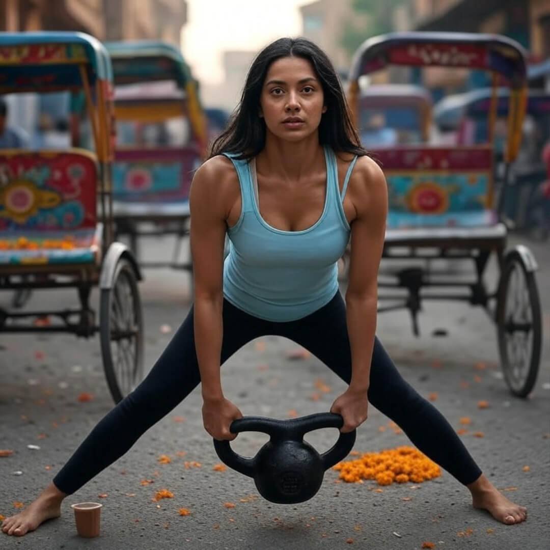 Women’s Fitness: Build Strength Without Bulking Up Woman swinging kettlebell on Delhi street, chai cup nearby.