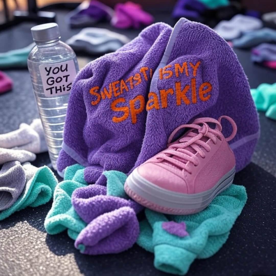 Fitness and Fashion: My Sweaty, Stylish Mess in India Sweaty gym gear with quirky towel and sneaker.