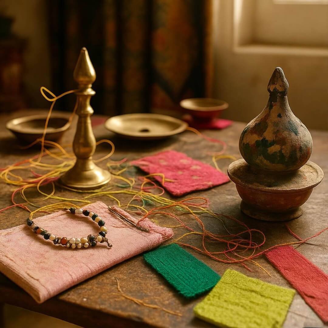 DIY Style Projects That Anyone Can Do Messy Delhi table with beads, anklet, painted kulhad.