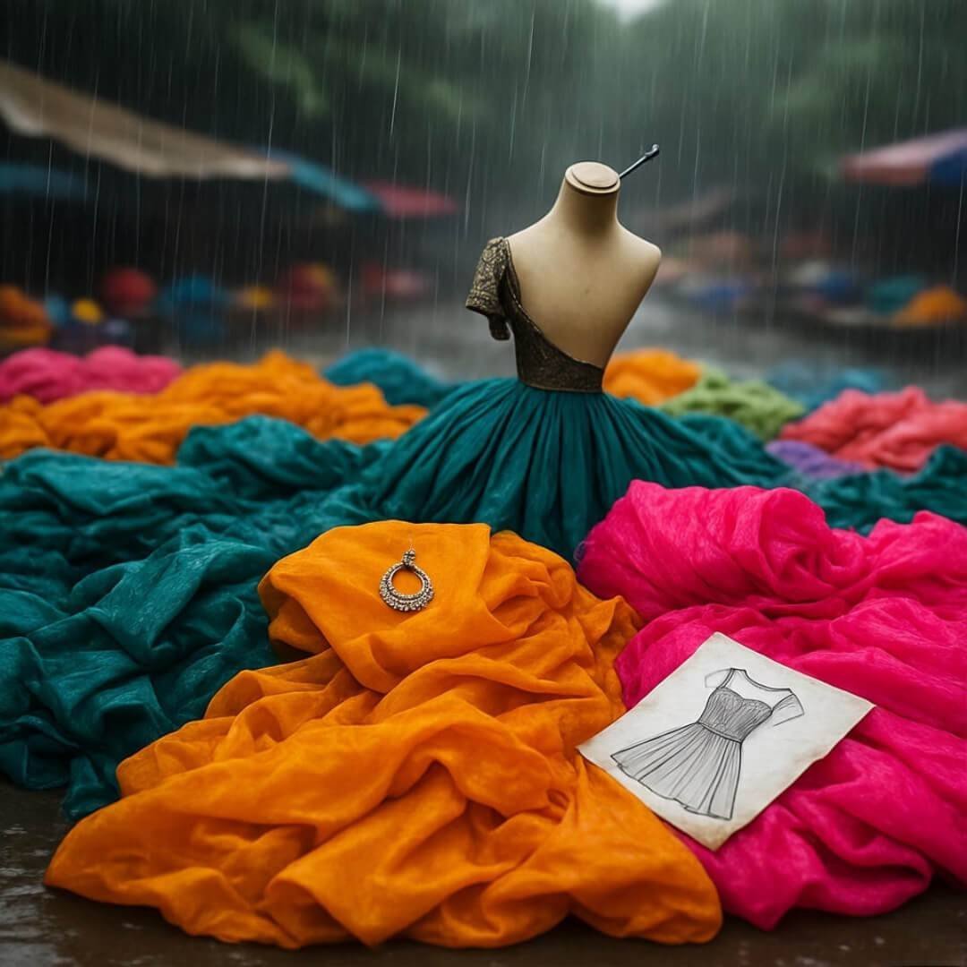 Pinterest-Approved DIY Outfit Ideas for Any Season Chaotic market stall, half-sewn dress, monsoon rain.