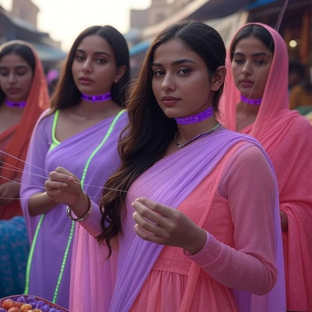 Trending in 2025: Women’s Outfits That Turn Heads Blurry Delhi market, women in neon saris, kite string.
