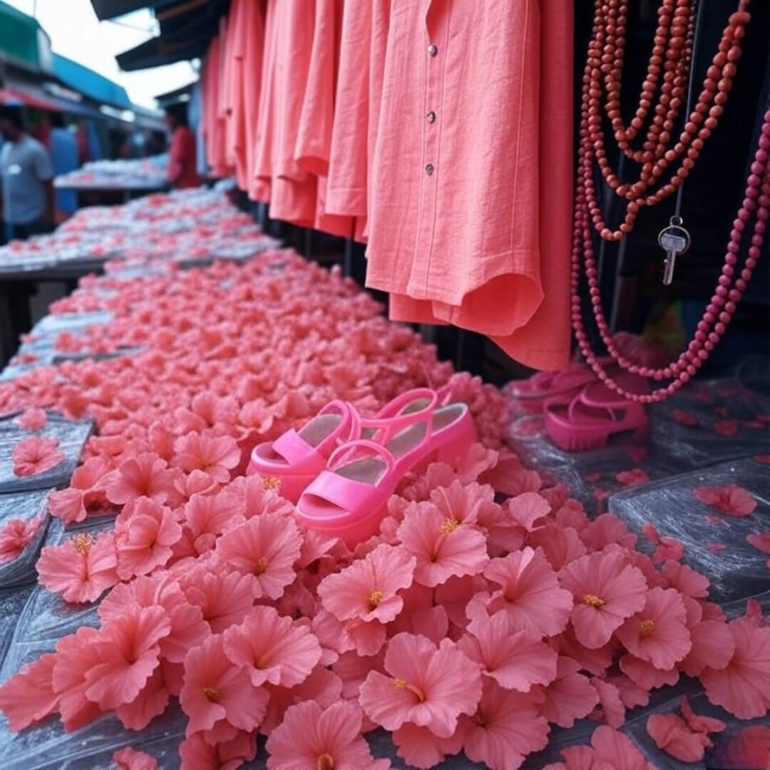 Summer Styles You’ll See Everywhere in 2025 Blurry Mumbai stall with linen, beads, sandals, petals.