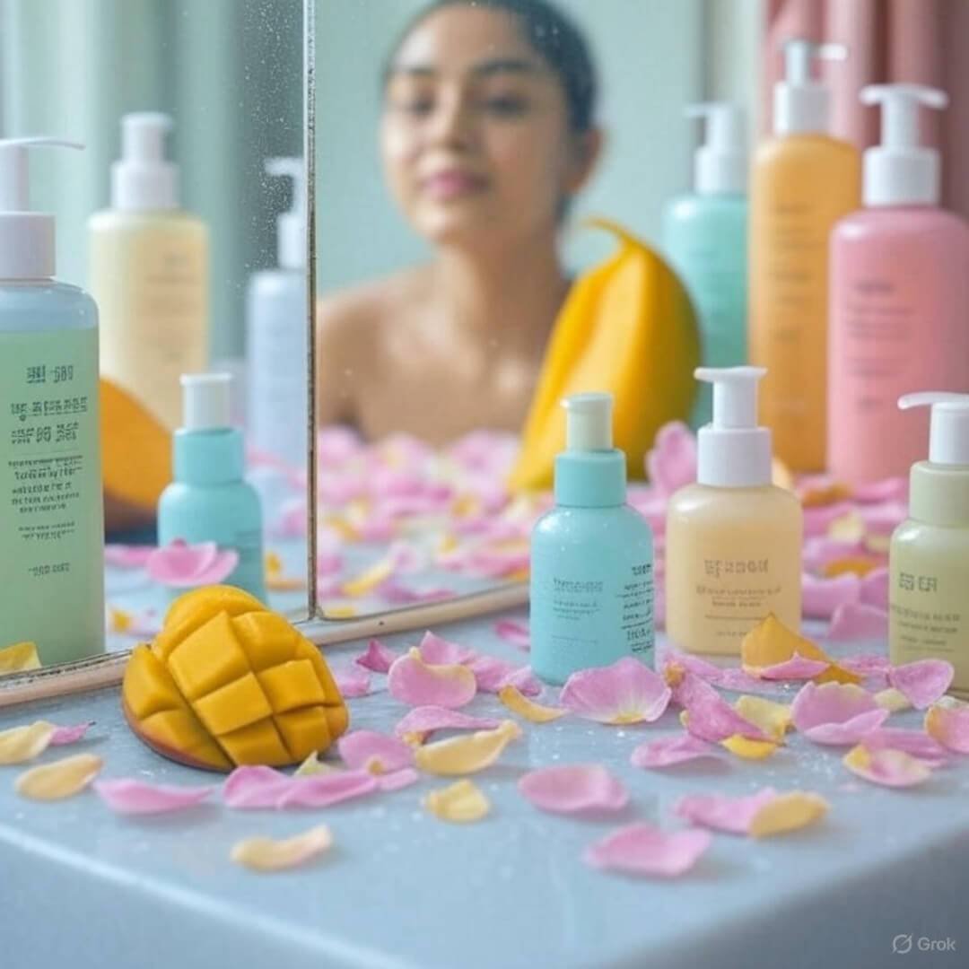 Korean Skincare Steps That Changed My Life Messy bathroom counter with Korean skincare, mango peel.