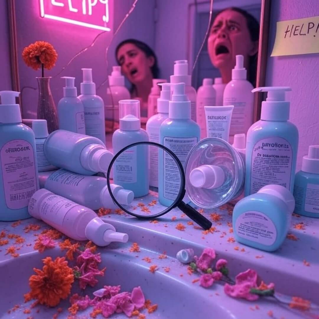Skincare Ingredients to Avoid in 2025: A Dermatologist’s View Chaotic Mumbai bathroom with toppled skincare and marigold.