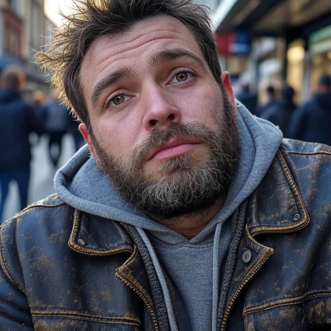 Why Street Fit for Men Hits Different in India Rugged dude crouching in chaotic Indian market.