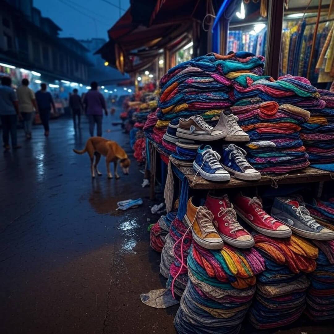 Must-Have Sneakers for a Street Fit Look Blurred Mumbai market, high-tops, neon, stray dog.