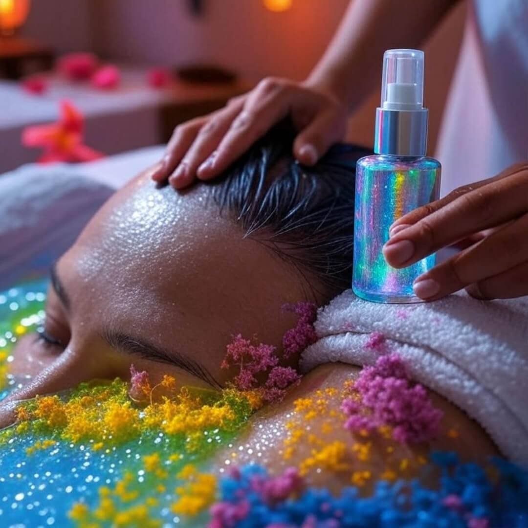 Haircare Trends in 2025 Everyone’s Talking About Coconut oil scalp massage, neon brush, holographic bottle.