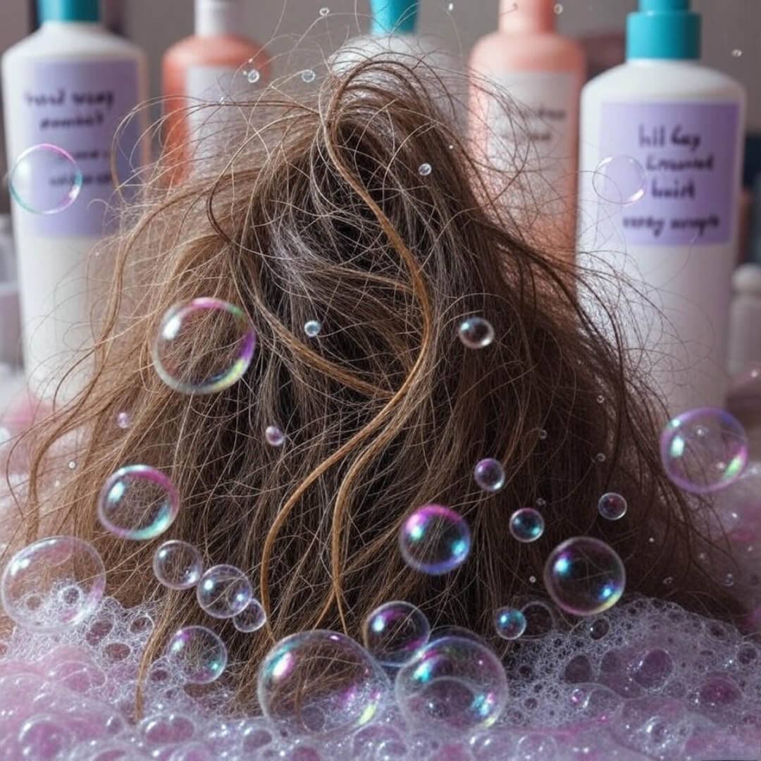 How to Choose the Right Shampoo for Your Hair Type? Sudsy tangled hair with quirky shampoo bottles, bubbles.