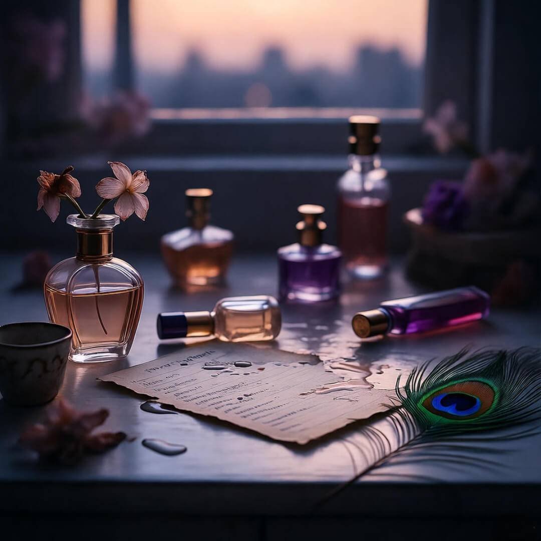 Choosing Your Signature Scent: A Beginner’s Guide Messy Mumbai vanity with spilled perfume, peacock feather.