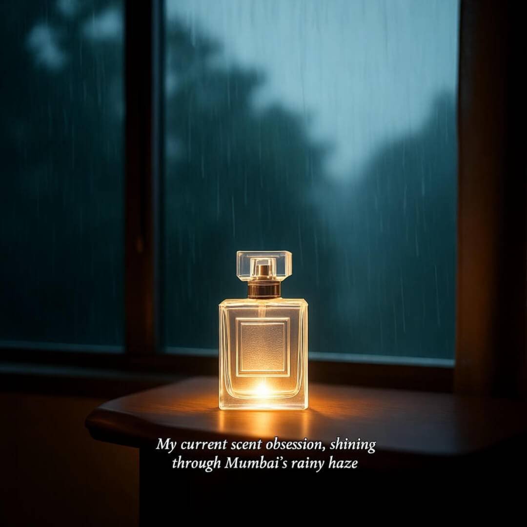 One Style Rule for Women Over 50: Confidence Is Your Best Look Glowing perfume bottle on desk, rainy Mumbai window.