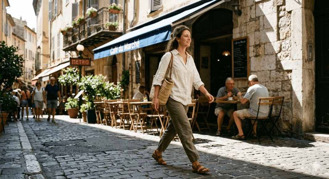 A woman walks past a sunlit café in Nice.